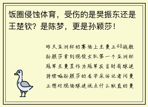 饭圈侵蚀体育，受伤的是樊振东还是王楚钦？是陈梦，更是孙颖莎！