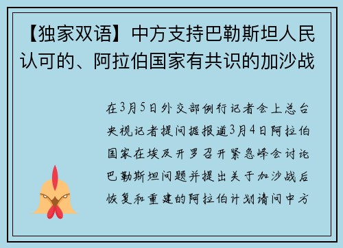 【独家双语】中方支持巴勒斯坦人民认可的、阿拉伯国家有共识的加沙战后治理方案
