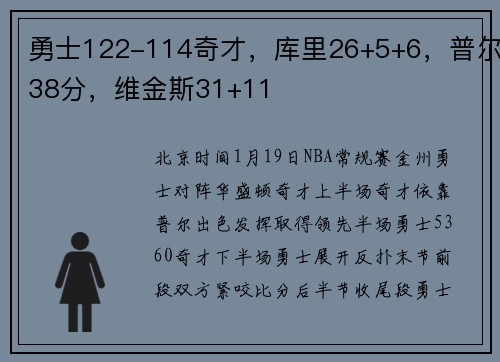 勇士122-114奇才，库里26+5+6，普尔38分，维金斯31+11