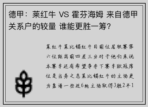 德甲：莱红牛 VS 霍芬海姆 来自德甲关系户的较量 谁能更胜一筹？