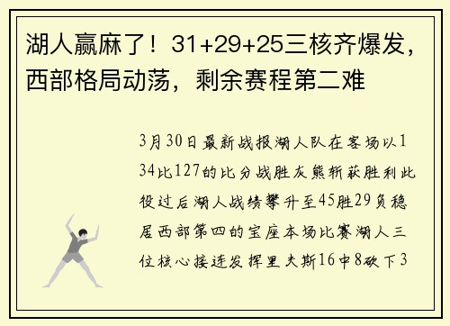湖人赢麻了！31+29+25三核齐爆发，西部格局动荡，剩余赛程第二难