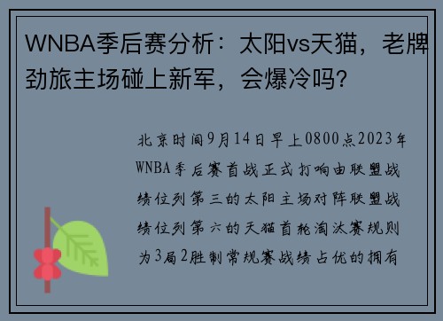 WNBA季后赛分析：太阳vs天猫，老牌劲旅主场碰上新军，会爆冷吗？