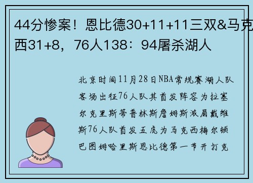 44分惨案！恩比德30+11+11三双&马克西31+8，76人138：94屠杀湖人
